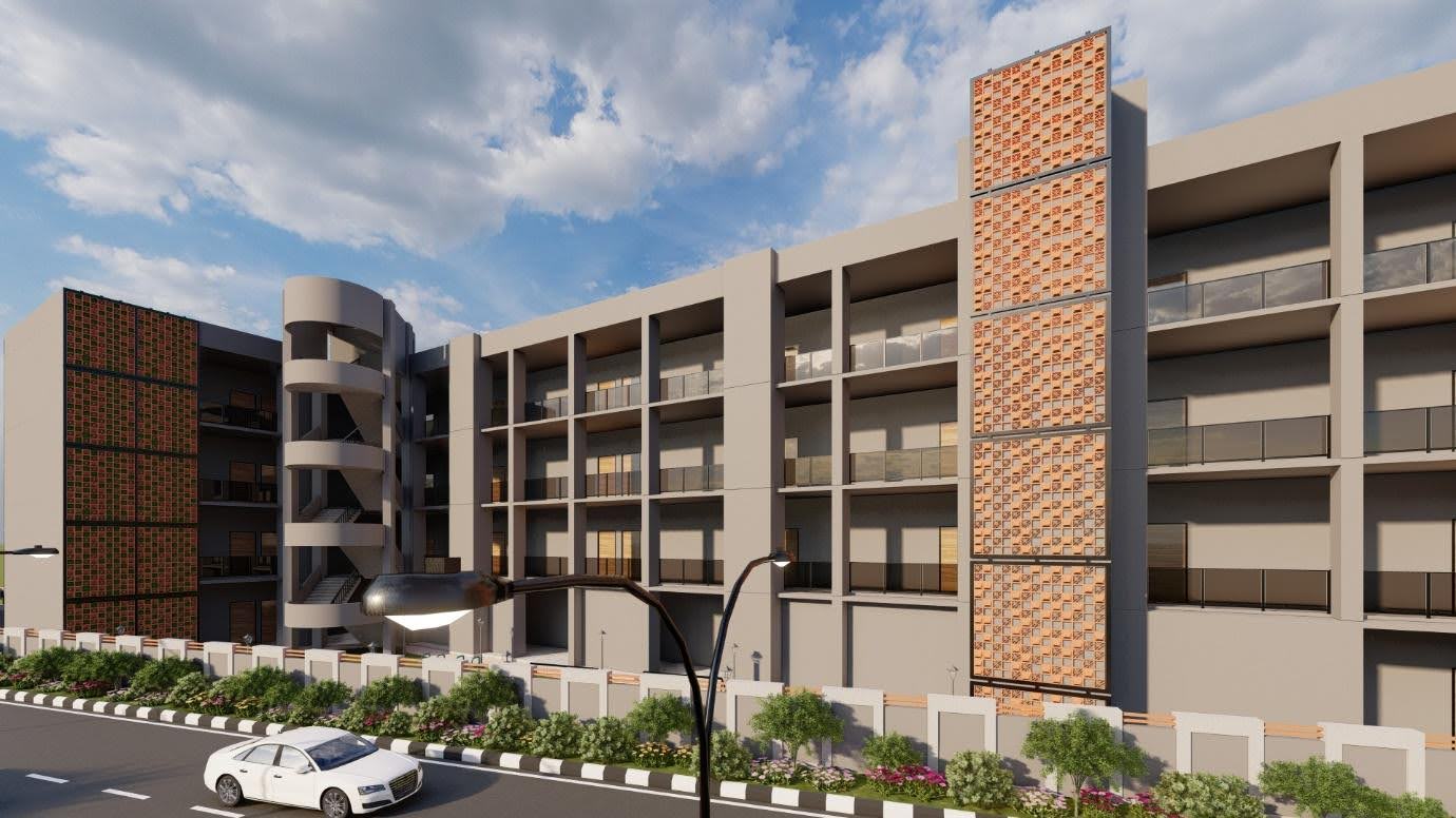 Angled view showing brick jali and staircases